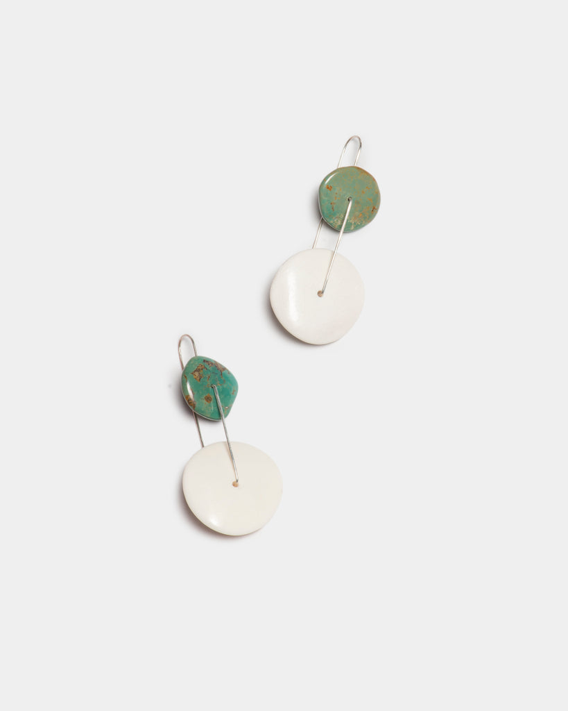 Carved Horn and Turquoise Silver Mobile Duo Drop Earrings