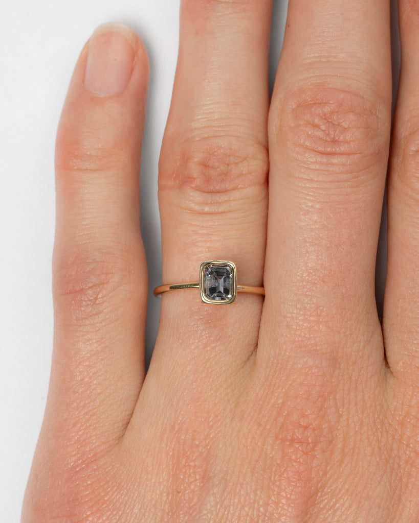 14k Emerald Cut Grey Blue Sapphire Ring