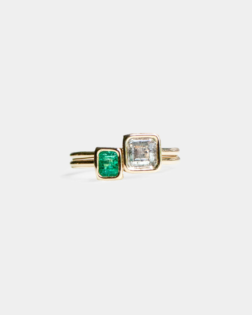 14k Mineral Diamond and Emerald Toi et Moi Floating Rings