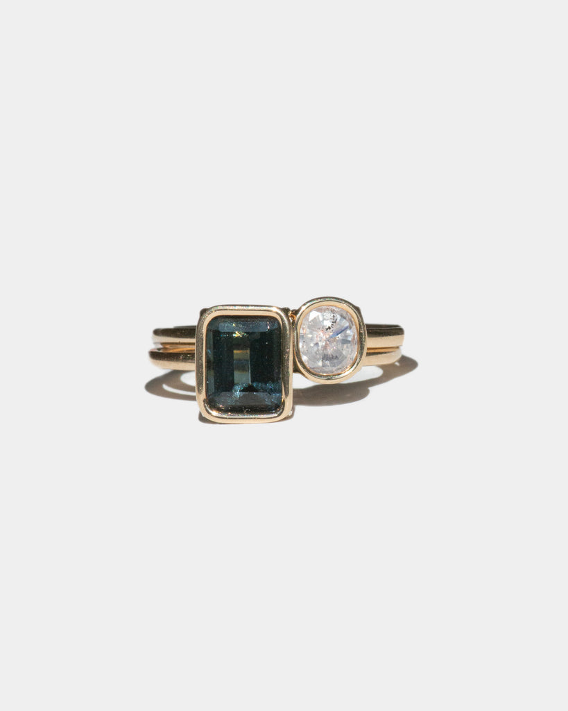 14k Indicolite Tourmaline and Mineral Diamond Toi et Moi Floating Rings