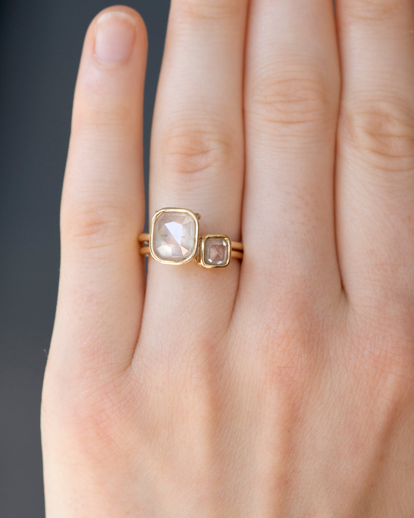 14k Salt Square and Step Cut Mineral Diamond Toi et Moi Floating Rings
