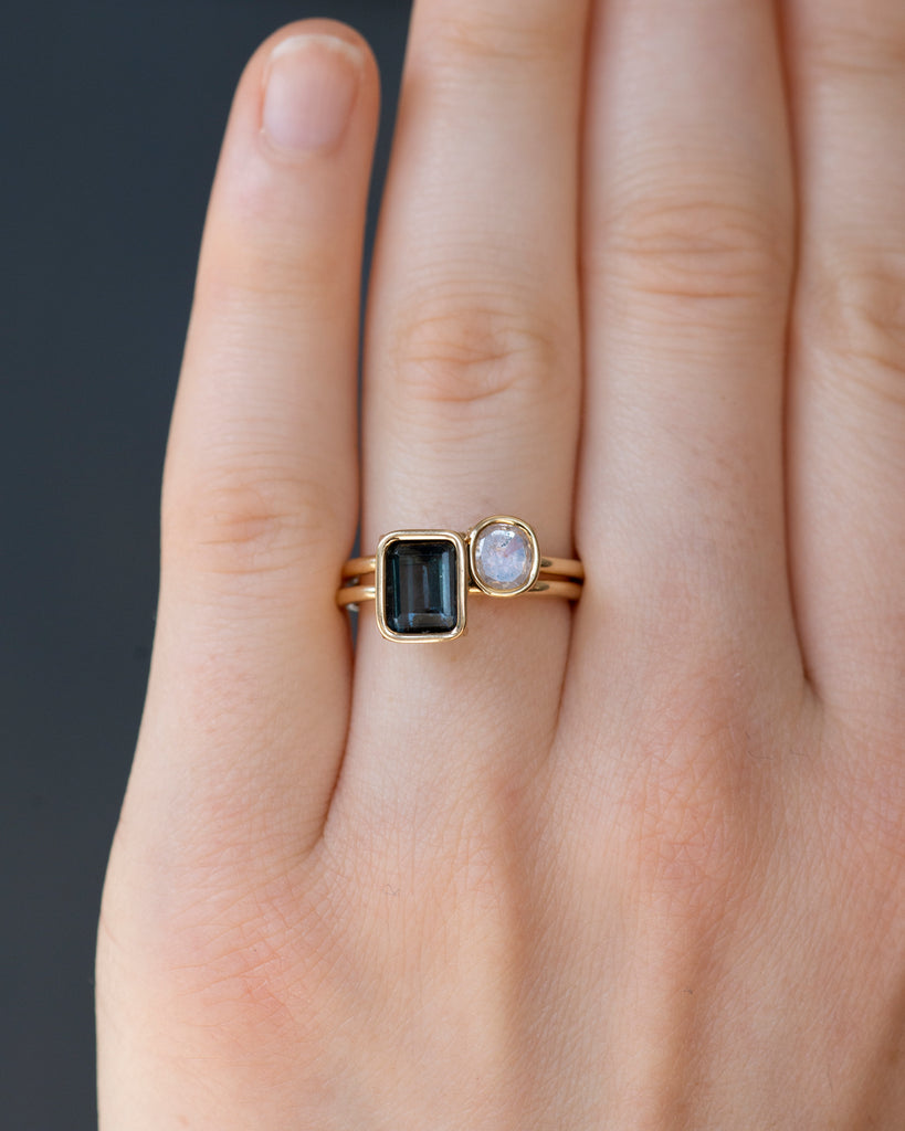 14k Indicolite Tourmaline and Mineral Diamond Toi et Moi Floating Rings