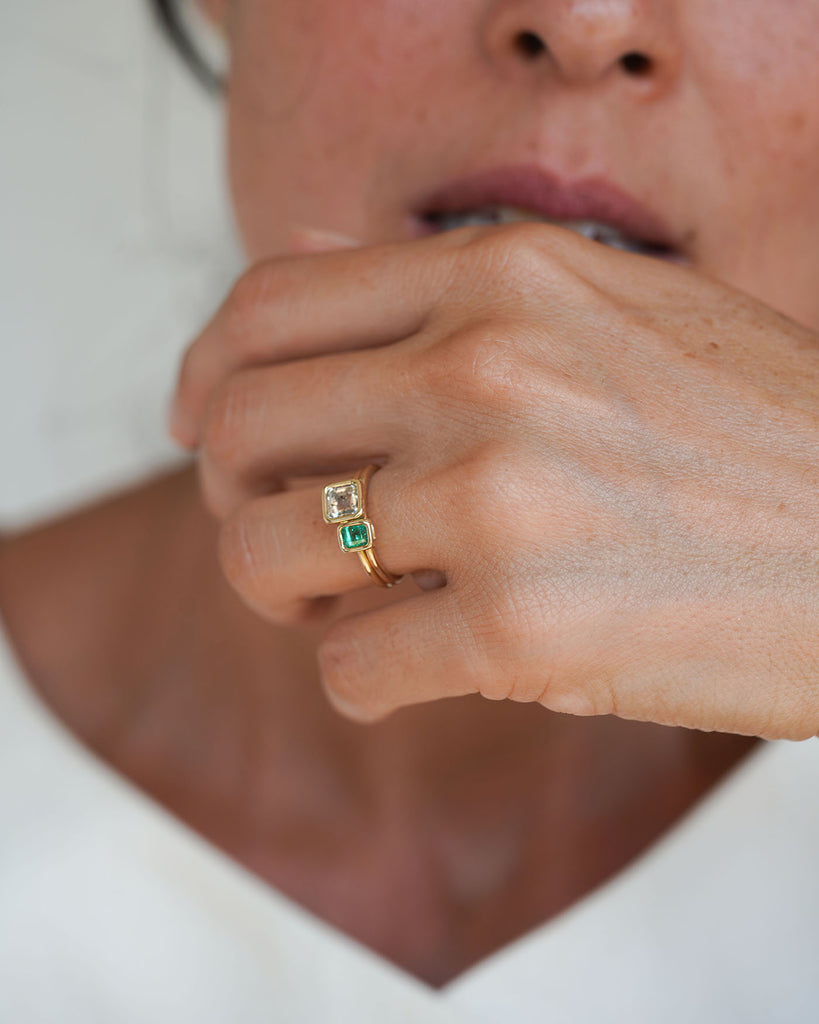 14k Mineral Diamond and Emerald Toi et Moi Floating Rings
