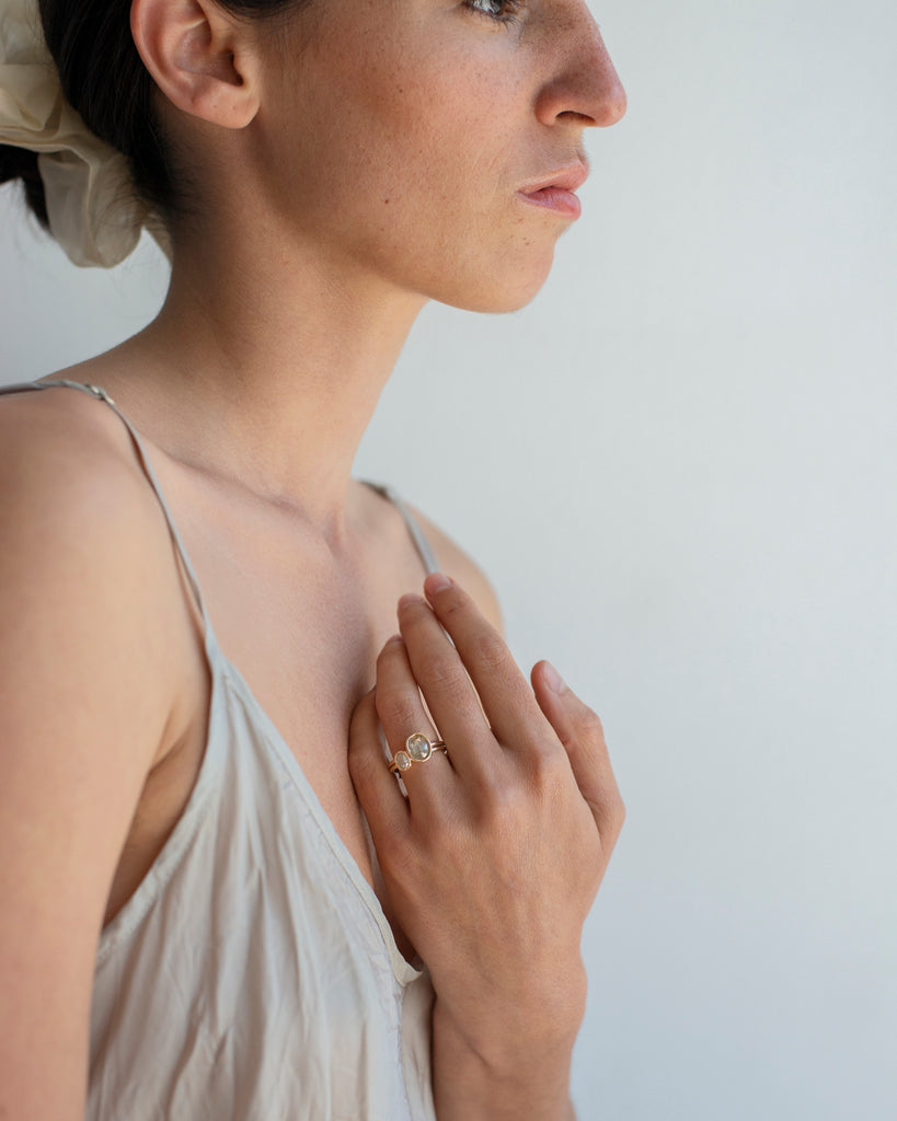 14k Olive and Icy Toi et Moi Mineral Diamond Floating Rings