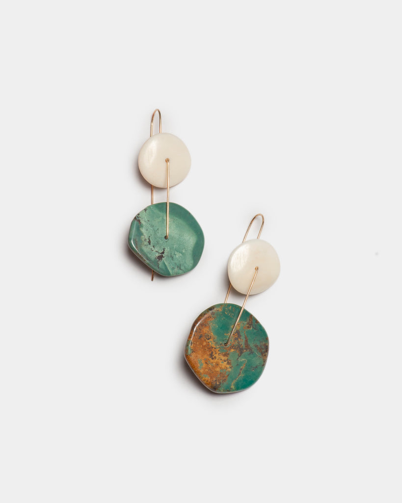 Carved Horn and Turquoise Mobile Duo Drop Earrings