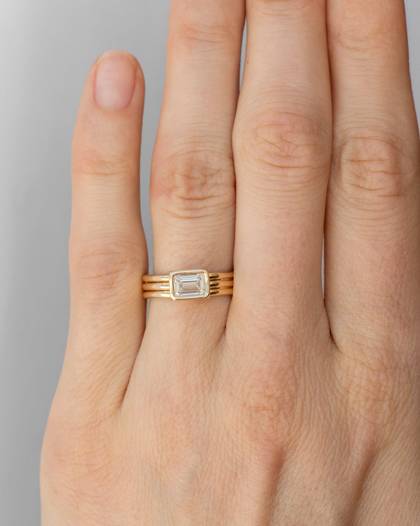 14k East West Emerald Cut Diamond Banded Ring