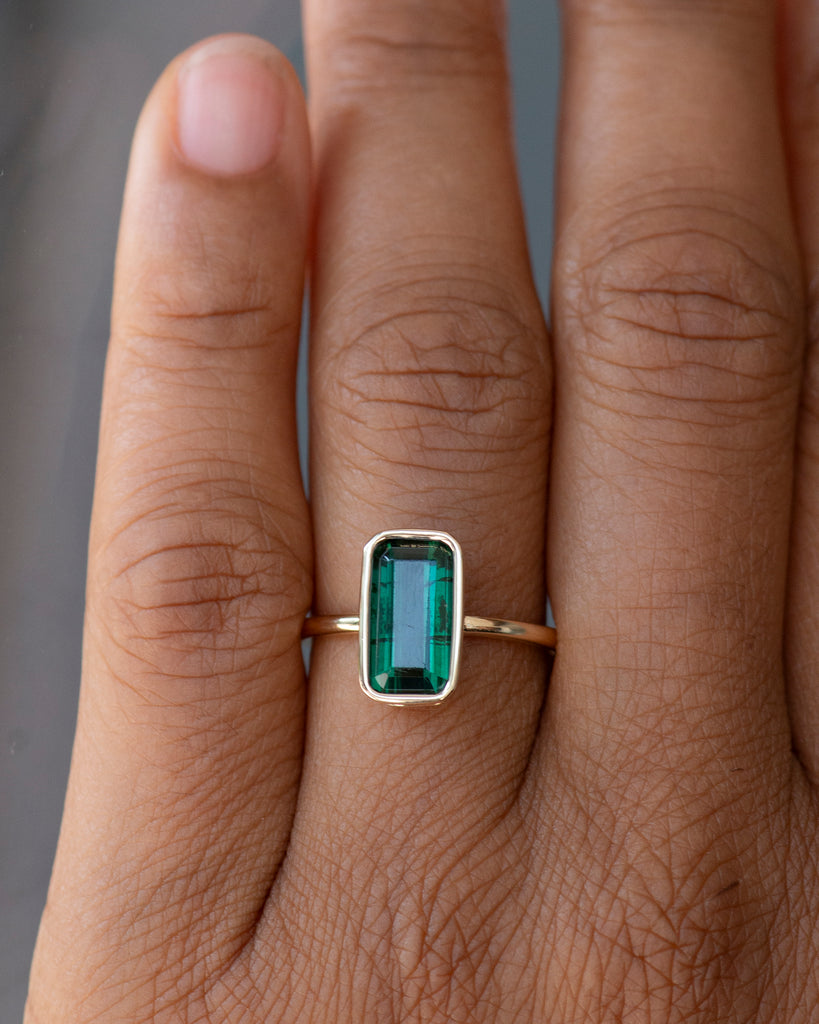 14k Step Cut Green Tourmaline Floating Ring