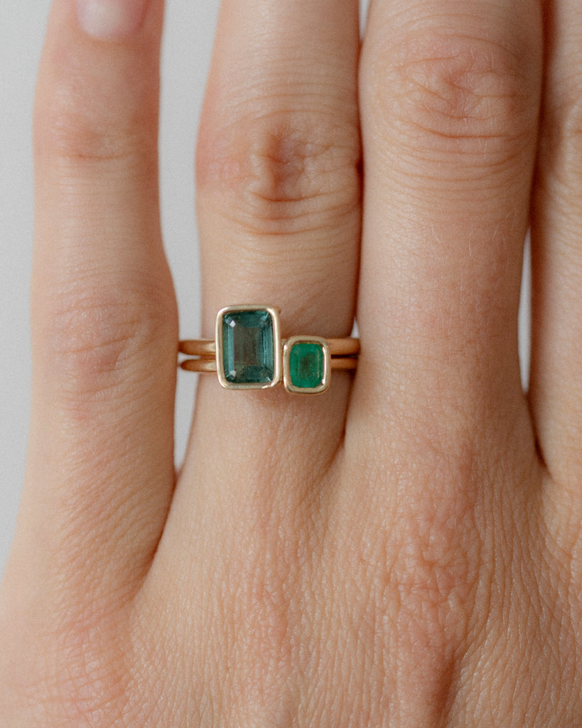 14k Tourmaline and Emerald Toi et Moi Floating Rings