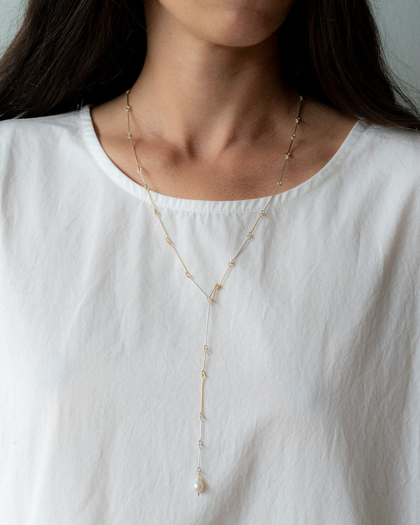 Mixed Metals Pearl Bone Chain Necklace